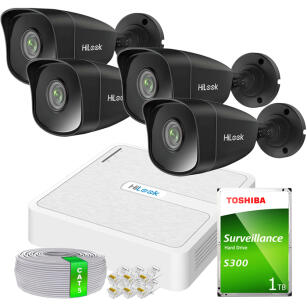 Zestaw do Monitoringu IP 5Mpx 4 Kamery IPCAM-B5 BLACK, Rejestrator 4ch 4xPoE - HiLook by Hikvision | 4xIPCAM-B5 BLACK + NVR-4CH-H/4P