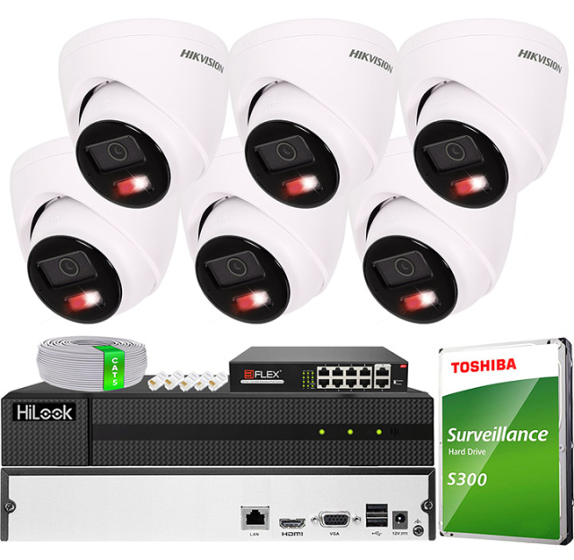 Zestaw do Monitoringu IP 4Mpx, 6 Kamer VE-NC143F-LIU, Smart Hybrid Light, Audio - Hikvision | VE-NC143F-LIU(x6) POE KIT