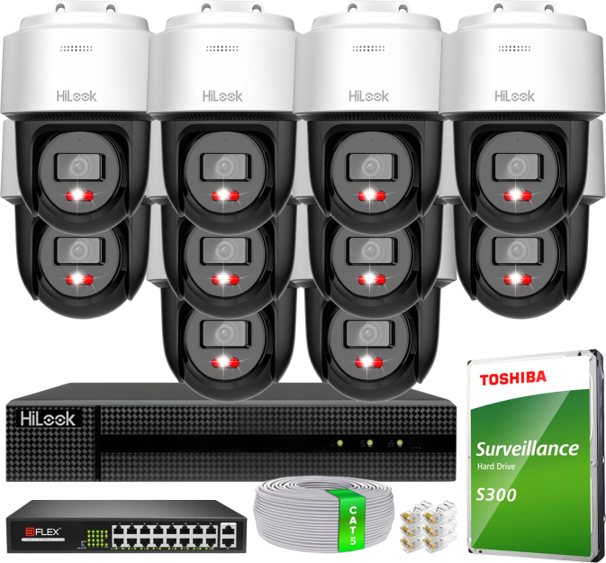 Zestaw do Monitoringu IP 6Mpx, 10 Kamer PTZ-N2C600M-DE Smart Hybrid Light, PoE - HiLook by Hikvision | PTZ-N2C600M-DE(x10) POE KIT