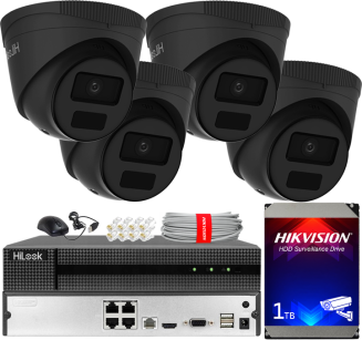 Zestaw do Monitoringu IP 4Mpx, 4 Kamery IPC-T241H-C BLACK, PoE, IR20m, IP67 - HiLook by Hikvision | IPC-T241H-C BLACK(x4) POE KIT