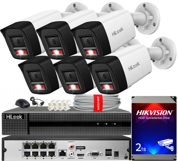 Zestaw do monitoringu IP 8Mpx 4K, 6 Kamer IPC-B180HA-LUF/SL Live Guard, PoE  - HiLook by Hikvision | IPC-B180HA-LUF/SL(x6) POE KIT