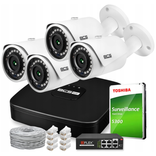 Zestaw do Monitoringu IP 4Mpx, IR30m, 4 Kamery IP BCS-L-TIP14FR3, Rejestrator 8ch, Switch PoE - BCS | BCS-L-TIP14FR3 + BCS-L-SNVR0801