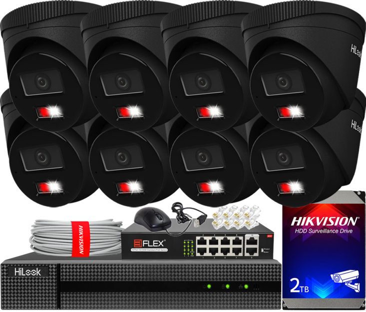 Zestaw do Monitoringu IP 6Mpx, 8 Kamer IPC-T260HA-LU BLACK Smart Hybrid Light, PoE - HiLook by Hikvision | IPC-T260HA-LU(x8)BlACK POE KIT