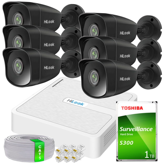 Zestaw do Monitoringu IP 5Mpx 6 Kamer IPCAM-B5 BLACK, Rejestrator 8ch 8xPoE - HiLook by Hikvision | 6xIPCAM-B5 BLACK + NVR-8CH-H/8P
