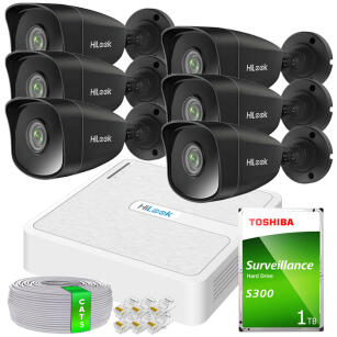 Zestaw do Monitoringu IP 5Mpx 6 Kamer IPCAM-B5 BLACK, Rejestrator 8ch 8xPoE - HiLook by Hikvision | 6xIPCAM-B5 BLACK + NVR-8CH-H/8P