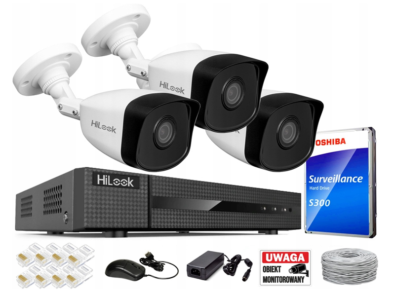 Zestaw do Monitoringu IP 5Mpx 3 Kamery IPCAM-B5 - HiLook by Hikvision | IPCAM-B5 + NVR-4CH-5MP/4P