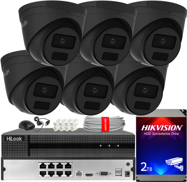 Zestaw do Monitoringu IP 4Mpx, 6 Kamery IPC-T241H-C BLACK, PoE, IR20m, IP67 - HiLook by Hikvision | IPC-T241H-C BLACK(x6) POE KIT