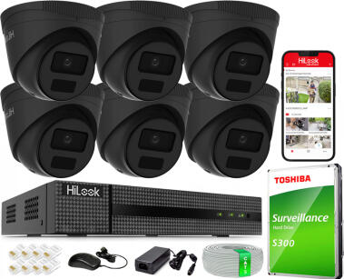 Zestaw do Monitoringu IP 4Mpx, 6 Kamery IPC-T241H-C BLACK, PoE, IR20m, IP67 - HiLook by Hikvision | IPC-T241H-C BLACK(x6) POE KIT