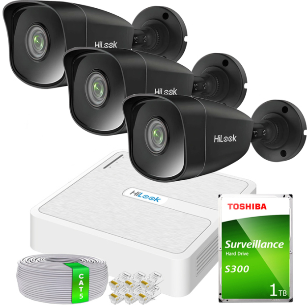 Zestaw do Monitoringu IP 5Mpx 3 Kamery IPCAM-B5 BLACK, Rejestrator 4ch 4xPoE - HiLook by Hikvision | 3xIPCAM-B5 BLACK + NVR-4CH-H/4P