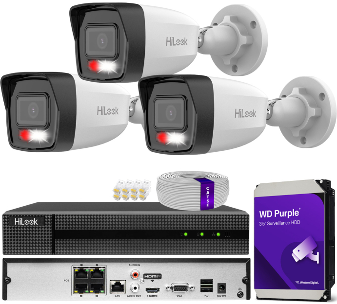 Zestaw do monitoringu IP 8Mpx 4K, 3 Kamery IPC-B180HA-LU, PoE  - HiLook by Hikvision | IPC-B180HA-LU(x3) POE KIT