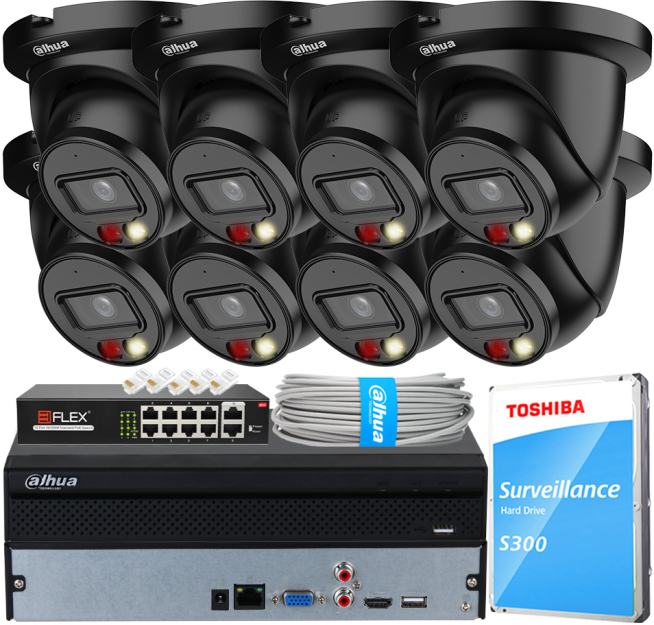 Zestaw do Monitoringu IP 4Mpx, 8 Kamer IPC-HDW2449TM-S-IL-0280B-BLACK, Dual Light, PoE - DAHUA | IPC-HDW2449TM-S-IL-0280B-BLACK(X8) POE KIT