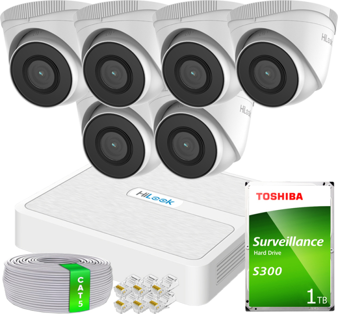 Zestaw do Monitoringu IP FullHD 2MP, 6 Kamer IPCAM-T2 IR30m, Rejestrator 8xPoE - HiLook by Hikvision | 6x IPCAM-T2- + NVR-8CH-H/8P
