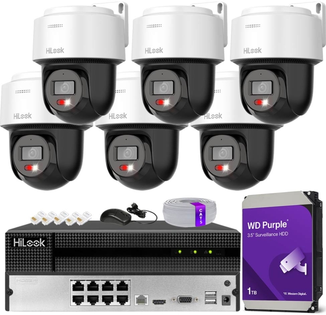 Zestaw do Monitoringu IP 2Mpx, 6 Kamer PTZ-N2C200M-D Smart Hybrid Light, PoE - HiLook by Hikvision | PTZ-N2C200M-D(x6) POE KIT