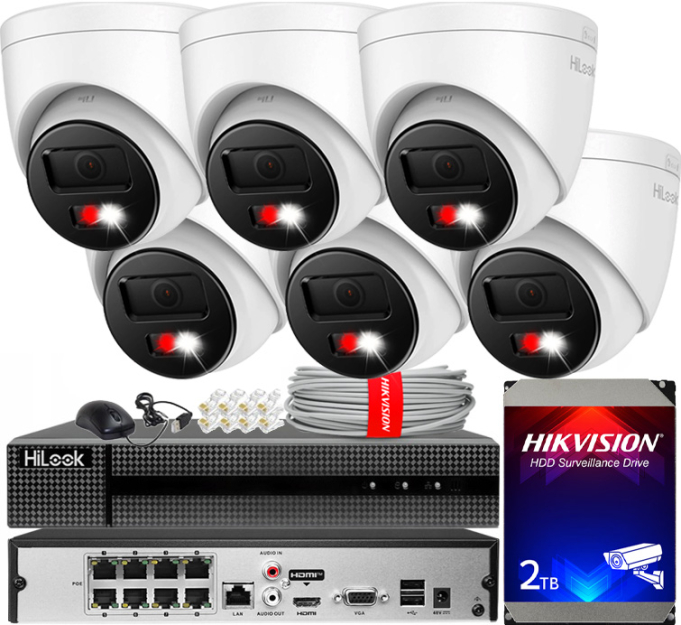 Zestaw do monitoringu IP 8Mpx 4K, 6 Kamer IPC-T280HA-LUF/SL Live Guard, PoE  - HiLook by Hikvision | IPC-T280HA-LUF/SL(x6) POE KIT