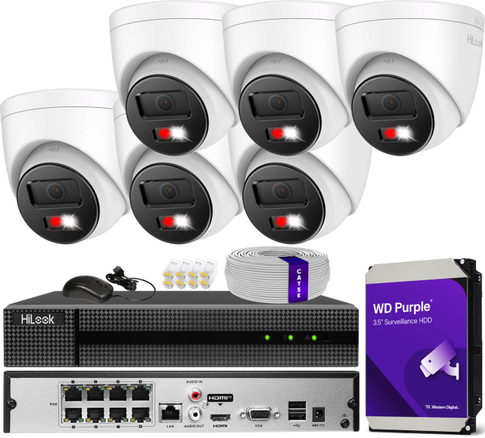Zestaw do monitoringu IP 8Mpx 4K, 6 Kamer IPC-T280HA-LUF/SL Live Guard, PoE  - HiLook by Hikvision | IPC-T280HA-LUF/SL(x6) POE KIT
