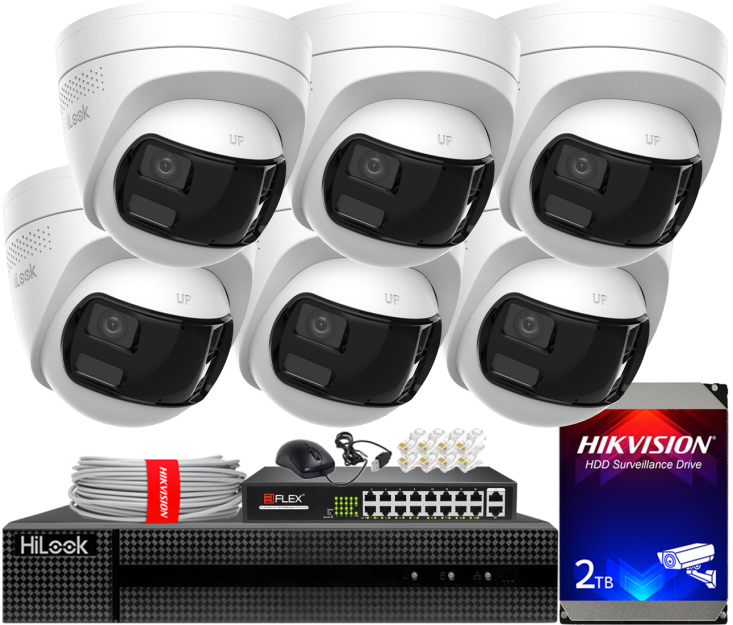 Zestaw do Monitoringu IP 6Mpx, 6 Kamer IPC-T260HAD-LUF/SL Smart Hybrid Light, MD2.0, Live Guard - HiLook by Hikvision | IPC-T260HAD-LUF/SL(x6) POE KIT