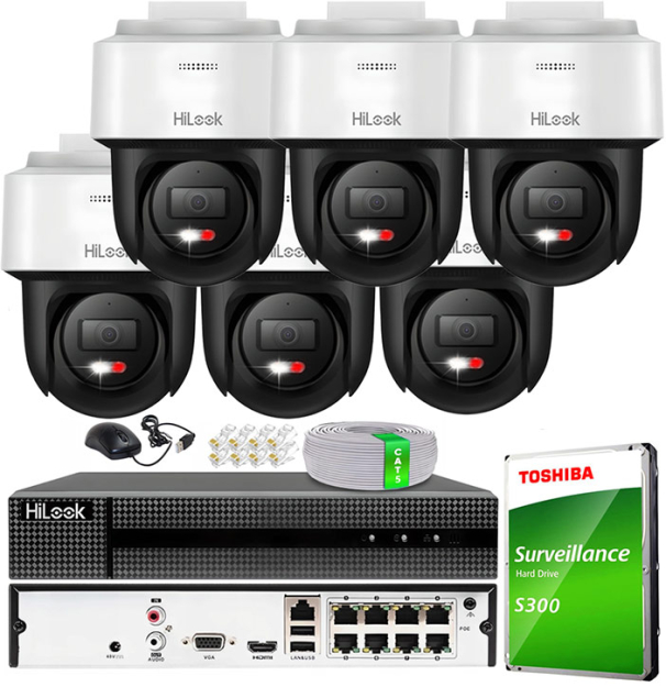 Zestaw do Monitoringu IP 6Mpx, 6 Kamer PTZ-N2C600M-DE Smart Hybrid Light, PoE - HiLook by Hikvision | PTZ-N2C600M-DE(x6) POE KIT