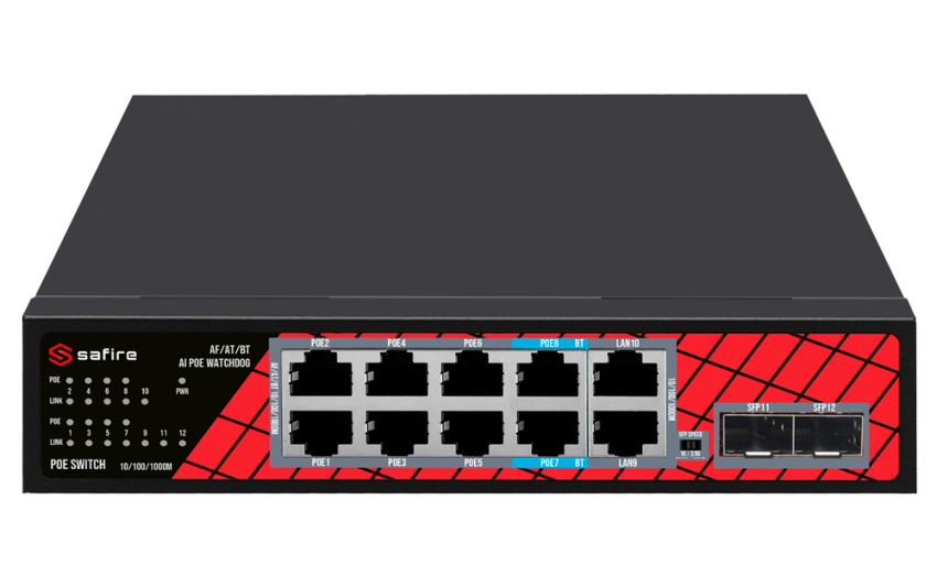 SF-SW1208HIPOE-GMF-120 - Switch PoE 8+4 10/100/1000Mbps, 120W - Safire | SF-SW1208HIPOE-GMF-120