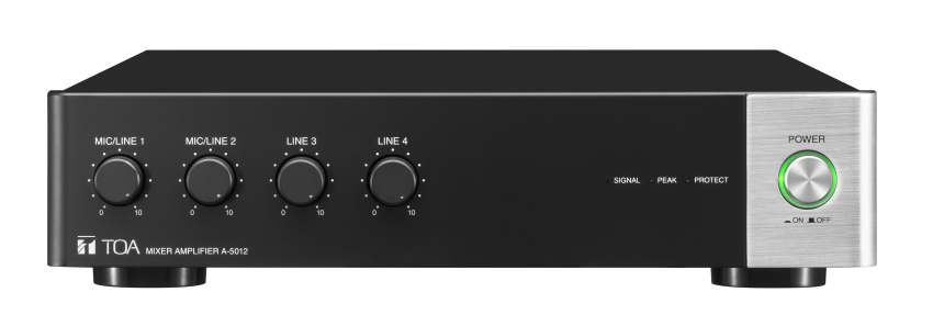 A-5012 - Cyfrowy wzmacniacz miksujący 120W; 1-strefowy; wyjścia 100V/4Ohm, 2 wejścia zbalansowane MIC/LINE, 2 wejścia stereo LINE, procesor DSP - TOA | A-5012