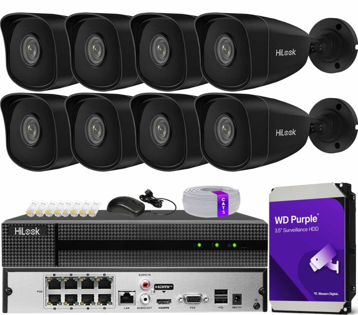 Zestaw do monitoringu IP 5Mpx, 8 Kamer IPC-B150H BLACK, PoE, IR30m - HiLook by Hikvision | IPC-B150H BLACK (x8) POE KIT