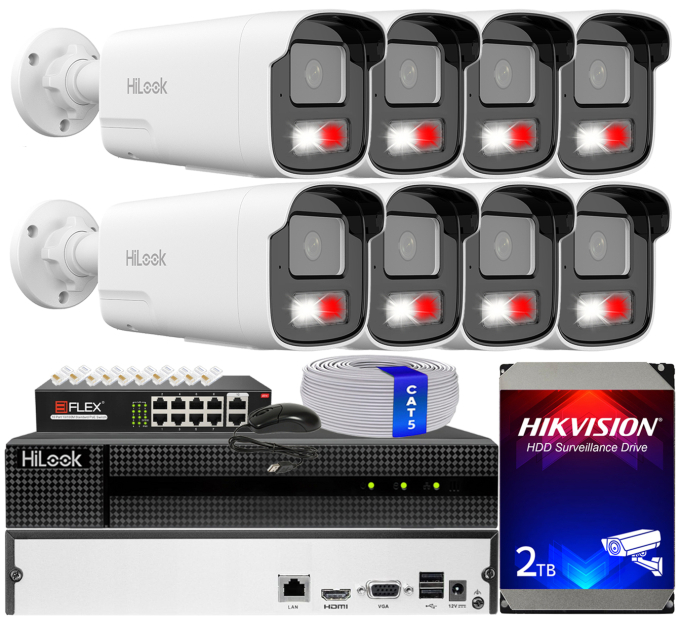 Zestaw do monitoringu IP 8Mpx, 4mm, 8 Kamer IPC-B480HA-LUF/SL Live Guard, PoE  - HiLook by Hikvision | IPC-B480HA-LUF/SL(x8) POE KIT