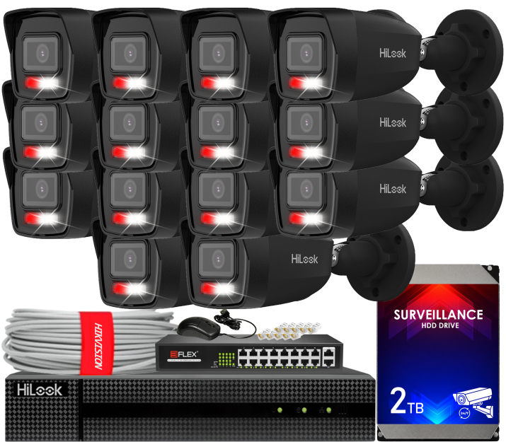 Zestaw do Monitoringu IP 6Mpx, 14 Kamer IPC-B160HA-LU BLACK Smart Hybrid Light, PoE - HiLook by Hikvision | IPC-B160HA-LU(x14)BlACK POE KIT