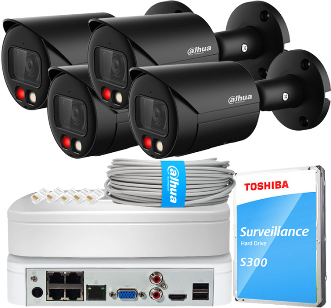 Zestaw do Monitoringu IP 4Mpx, 4 Kamery IPC-HFW2449S-S-IL-0280B BLACK, Dual Light, PoE - DAHUA | IPC-HFW2449S-S-IL-0280B BLACK(X4) POE KIT