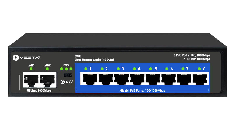 SW08 - Switch PoE 8+2, 10/100/1000Mbps, zarządzalny, 120W - VESTA | SW08