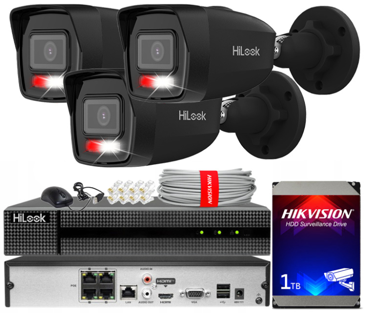 Zestaw do Monitoringu IP 6Mpx, 3 Kamery IPC-B160HA-LU BLACK Smart Hybrid Light, PoE - HiLook by Hikvision | IPC-B160HA-LU(x3)BlACK POE KIT