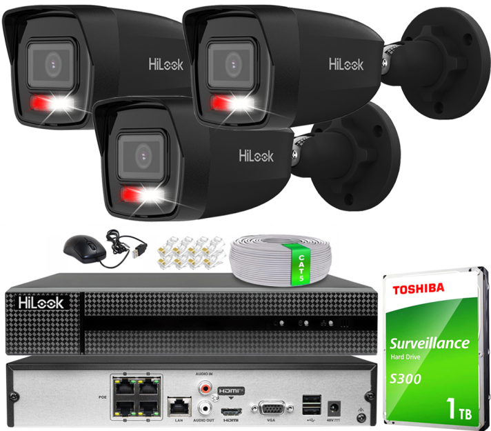 Zestaw do Monitoringu IP 6Mpx, 3 Kamery IPC-B160HA-LU BLACK Smart Hybrid Light, PoE - HiLook by Hikvision | IPC-B160HA-LU(x3)BlACK POE KIT