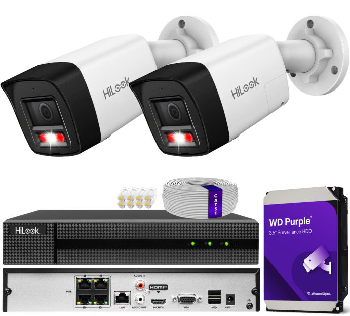 Zestaw do monitoringu IP 8Mpx 4K, 2 Kamery IPC-B180HA-LUF/SL Live Guard, PoE  - HiLook by Hikvision | IPC-B180HA-LUF/SL(x2) POE KIT