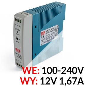 MDR-20-12 - Zasilacz 12V / 1,67A na szynę DIN - Mean Well | MDR-20-12
