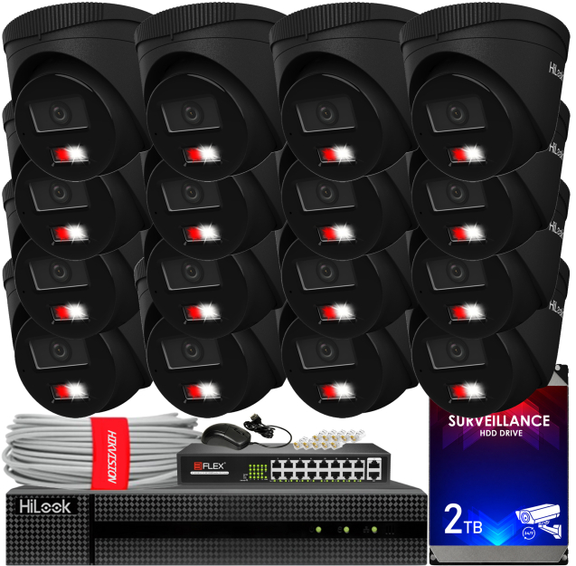 Zestaw do Monitoringu IP 6Mpx, 16 Kamer IPC-T260HA-LU BLACK Smart Hybrid Light, PoE - HiLook by Hikvision | IPC-T260HA-LU(x16)BlACK POE KIT