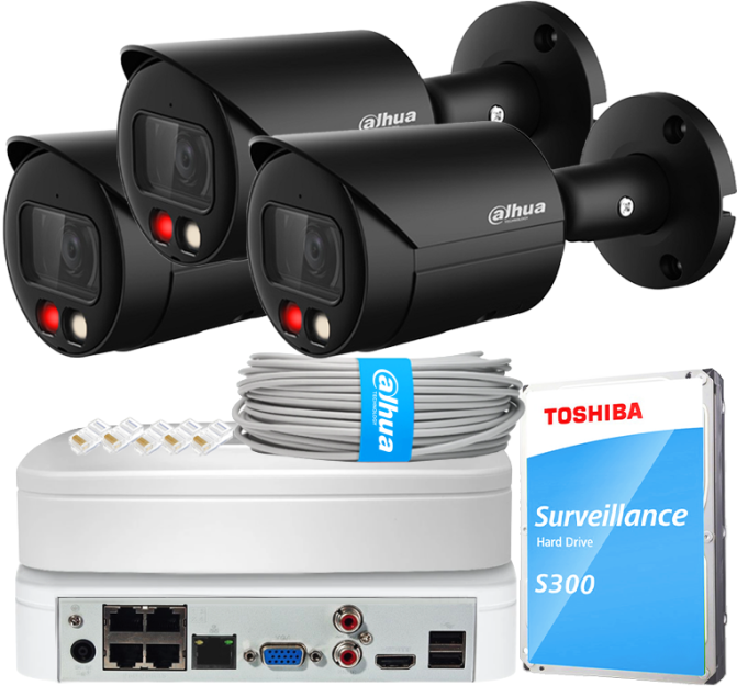 Zestaw do Monitoringu IP 4Mpx, 3 Kamery IPC-HFW2449S-S-IL-0280B BLACK, Dual Light, PoE - DAHUA | IPC-HFW2449S-S-IL-0280B BLACK(X3) POE KIT