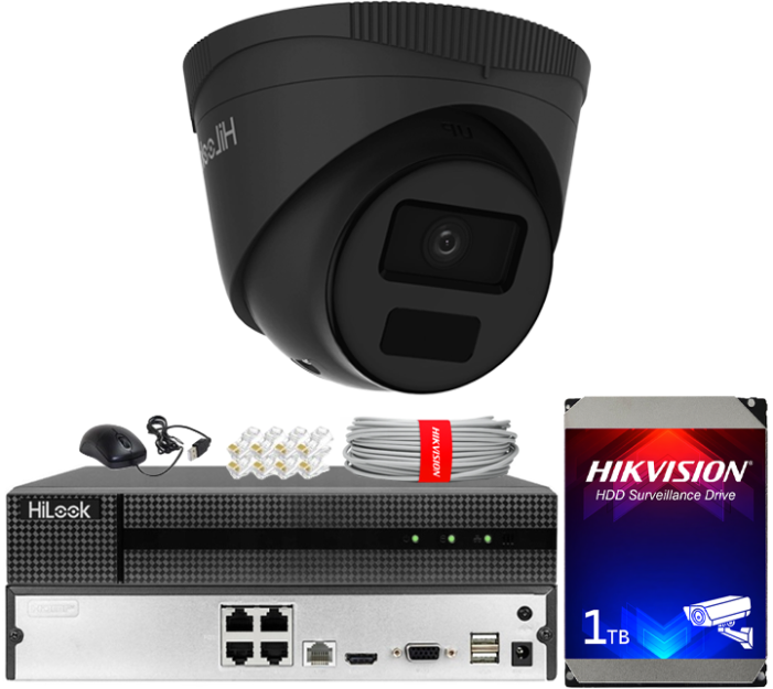 Zestaw do Monitoringu IP 4Mpx, 1 Kamera IPC-T241H-C BLACK, PoE, IR20m, IP67 - HiLook by Hikvision | IPC-T241H-C BLACK(x1) POE KIT