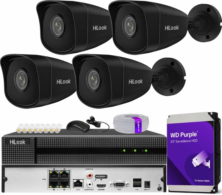 Zestaw do monitoringu IP 5Mpx, 4 Kamery IPC-B150H BLACK, PoE, IR30m - HiLook by Hikvision | IPC-B150H BLACK (x4) POE KIT