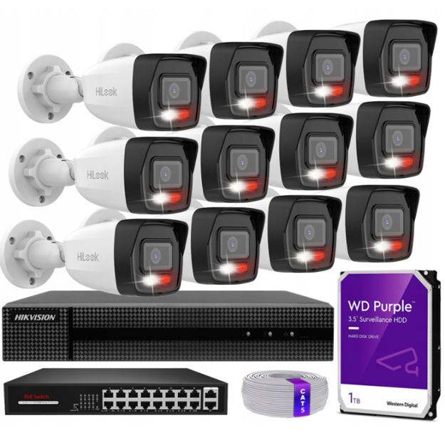 Zestaw do Monitoringu IP 4Mpx 12 Kamer IPCAM-B4-30DL, Hybrid Light, Rejestrator 16ch, MD 2.0 - HiLook by Hikvision | IPCAM-B4-30DL + HWN-4216MH