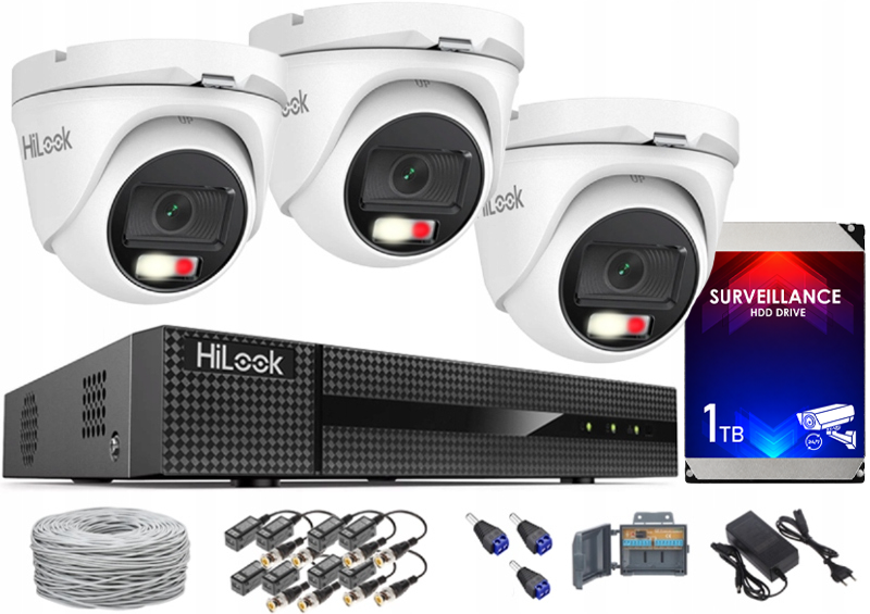 Zestaw do monitoringu TurboHD, 3 kamery Hybrid Light 5Mpx, rejestrator 4ch - HiLook by Hikvision | TVICAM-T5M-20DL + DVR-4CH-5MP