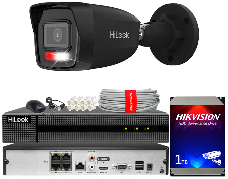 Zestaw do Monitoringu IP 6Mpx, 1 Kamera IPC-B160HA-LU BLACK Smart Hybrid Light, PoE - HiLook by Hikvision | IPC-B160HA-LU(x1)BlACK POE KIT