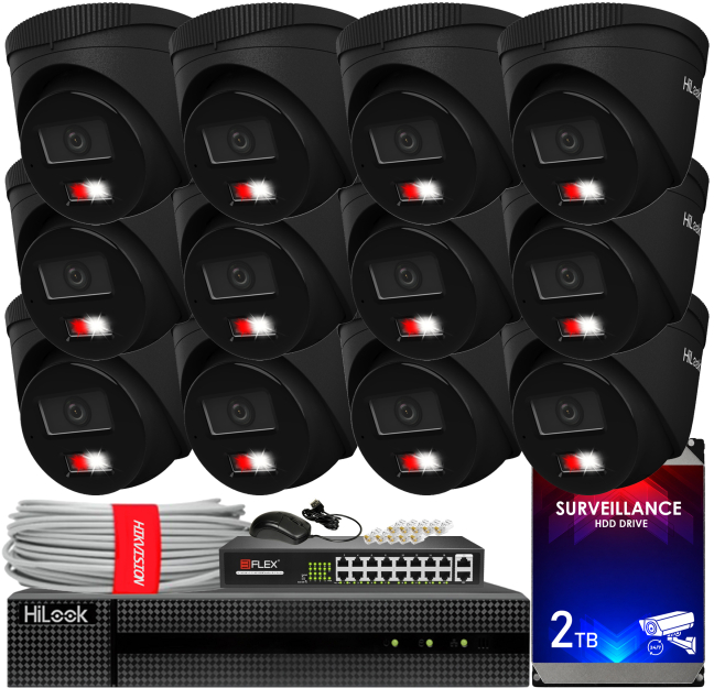 Zestaw do Monitoringu IP 6Mpx, 12 Kamer IPC-T260HA-LU BLACK Smart Hybrid Light, PoE - HiLook by Hikvision | IPC-T260HA-LU(x12)BlACK POE KIT
