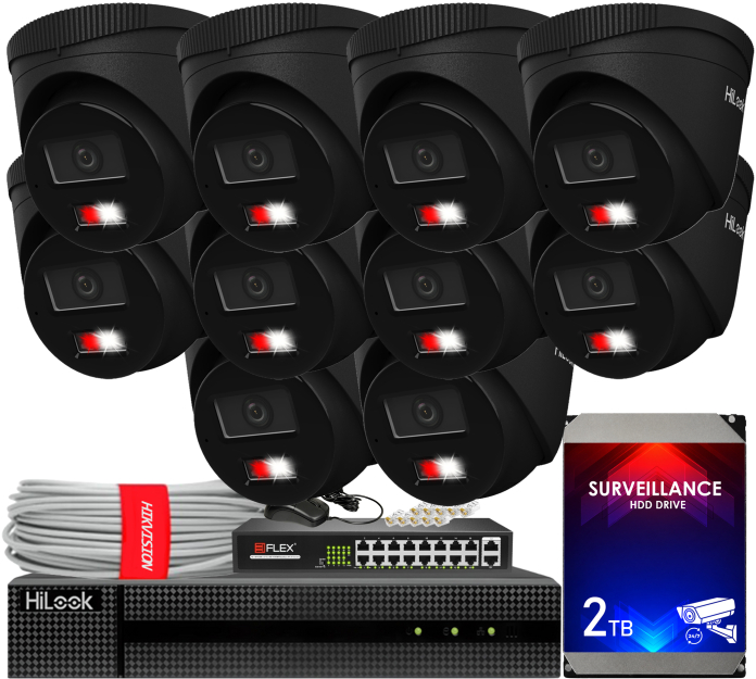 Zestaw do Monitoringu IP 6Mpx, 10 Kamer IPC-T260HA-LU BLACK Smart Hybrid Light, PoE - HiLook by Hikvision | IPC-T260HA-LU(x10)BlACK POE KIT