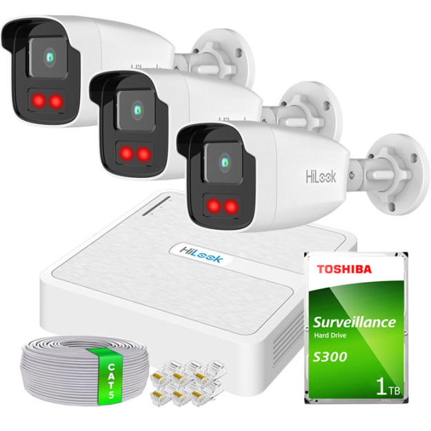 Zestaw do Monitoringu IP Full HD, 3 Kamery IPCAM-B2-50IR, IR50m, Rejestrator 4ch PoE - HiLook by Hikvision | 3x IPCAM-B2-50IR- + NVR-4CH-H/4P