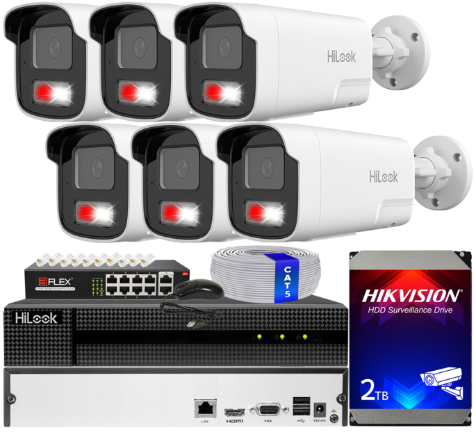 Zestaw do monitoringu IP 4Mpx, 4mm, 6 Kamer IPC-B440HA-LUF/SL Live Guard, PoE  - HiLook by Hikvision | IPC-B440HA-LUF/SL(x6) POE KIT