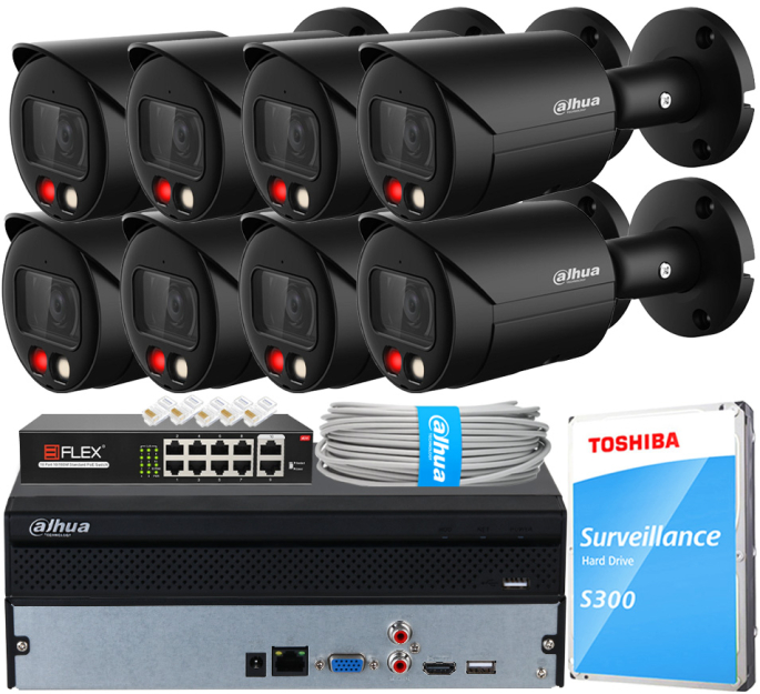 Zestaw do Monitoringu IP 4Mpx, 8 Kamer IPC-HFW2449S-S-IL-0280B BLACK, Dual Light, PoE - DAHUA | IPC-HFW2449S-S-IL-0280B BLACK(X8) POE KIT