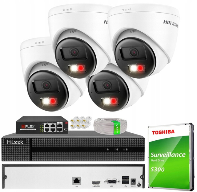 Zestaw do Monitoringu IP 4Mpx, 4 Kamery VE-NC143F-LIU, Smart Hybrid Light, Audio - Hikvision | VE-NC143F-LIU(x4) POE KIT