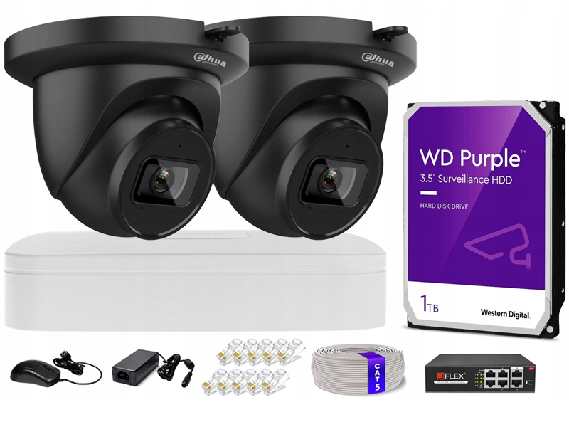 Zestaw do Monitoringu IP 4Mpx, IR30m, 2 Kamery IP, WizSense, Rejestrator 4ch, Switch PoE - Dahua | IPC-HDW2441TM-S-0280B BLACK + NVR2104-S3