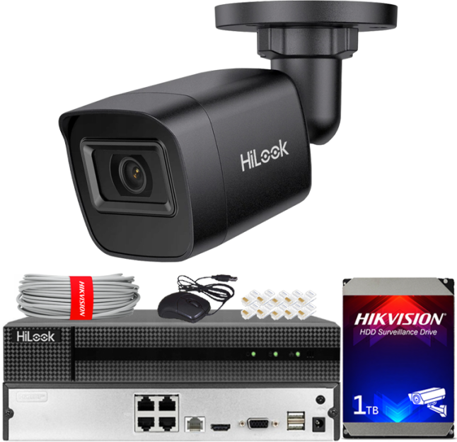 Zestaw do Monitoringu IP 4Mpx, 1 Kamera IPC-B141H-C BLACK, PoE, IR20m, IP67 - HiLook by Hikvision | IPC-B141H-C BLACK(x1) POE KIT