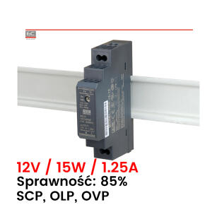 HDR-15-12 - Zasilacz na szynę DIN 12V, 15W, 1.25A, zabezpieczenia SCP, OLP, OVP - MEAN WELL | HDR-15-12