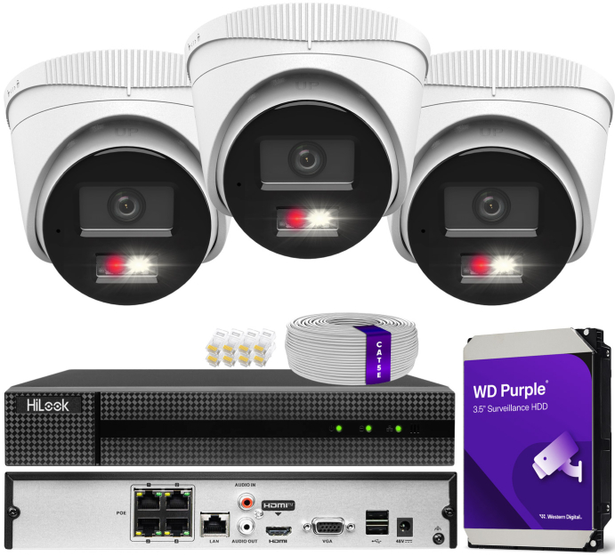 Zestaw do monitoringu IP 8Mpx 4K, 3 Kamery IPC-T280HA-LU PoE  - HiLook by Hikvision | IPC-T280HA-LU (x3) POE KIT