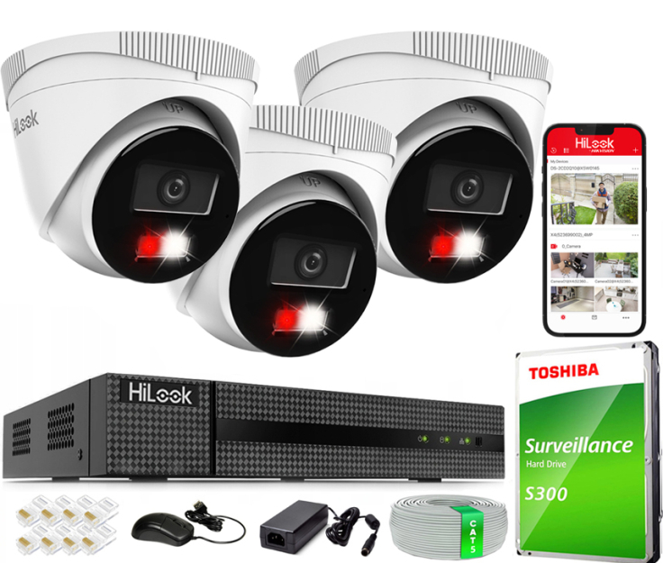 Zestaw do Monitoringu IP 4Mpx, 3 Kamery IPC-T240HA-LU Smart Hybrid Light, PoE - HiLook by Hikvision | IPC-T240HA-LU(x3) POE KIT